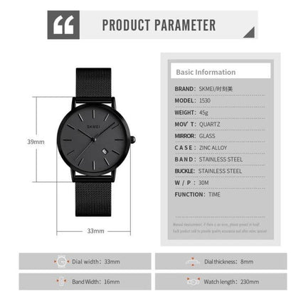 SKMEI Elegant Simple Business Wristwatch for Women Daily Use black mesh strap minimalist round dial calendar quartz 30m waterproof
