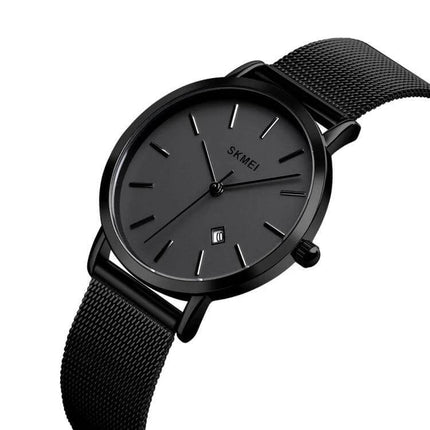 SKMEI Elegant Simple Business Wristwatch for Women Daily Use - sleek all-black round dial, calendar window, mesh band, quartz movement, 30m water resistant