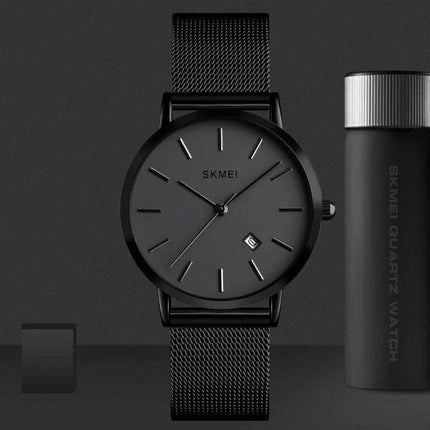 SKMEI Elegant Simple Business Wristwatch for Women Daily Use - minimalist black mesh strap watch with date window and clean round dial