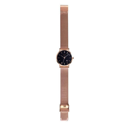 SKMEI Elegant Simple Business Wristwatch for Women Daily Use – rose gold mesh strap, black round dial, calendar, quartz, 30m waterproof
