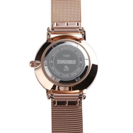 SKMEI Elegant Simple Business Wristwatch for Women Daily Use - rose gold mesh strap back view, 30m waterproof quartz watch model 1530