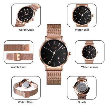SKMEI Elegant Simple Business Wristwatch for Women Daily Use - rose gold mesh band black dial, calendar, quartz, 30m water resistant