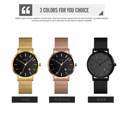 SKMEI Elegant Simple Business Wristwatch for Women Daily Use - three color options gold, rose gold, black with mesh bands and simple round dial
