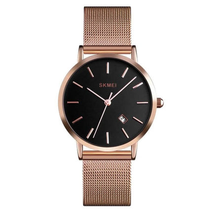 SKMEI Elegant Simple Business Wristwatch for Women Daily Use – rose gold mesh band, black round dial, calendar window, quartz 30m water-resistant