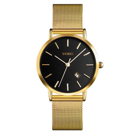 SKMEI Elegant Simple Business Wristwatch for Women Daily Use gold mesh band black dial calendar quartz 30m water-resistant