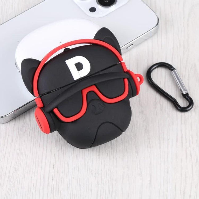 Protective Angel Devil Case for Everyday AirPods Carry - black devil design with red headphones, dustproof silicone cover and carabiner