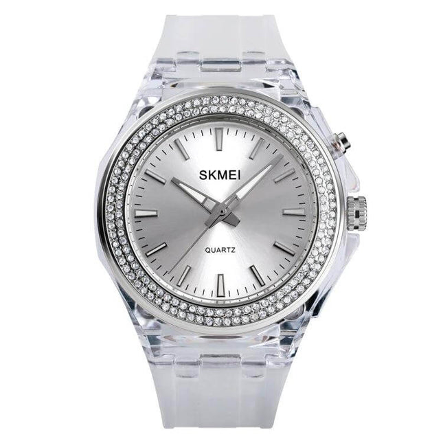 SKMEI Women's Transparent Waterproof LED Watch with Decorative Inlay - clear band, crystal inlay bezel, silver quartz dial, 30m water resistant