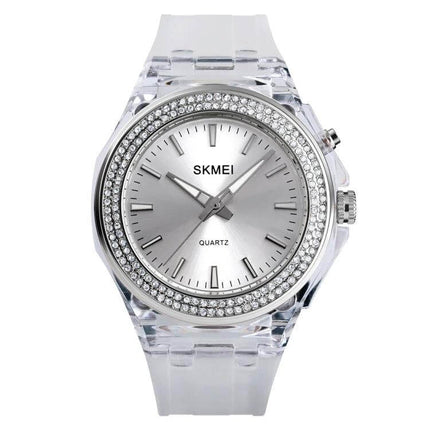 SKMEI Women's Transparent Waterproof LED Watch with Decorative Inlay - clear band, crystal inlay bezel, silver dial, quartz movement, 30m water resistant