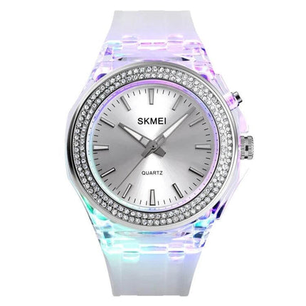 SKMEI Women's Transparent Waterproof LED Watch with Decorative Inlay - clear band, crystal bezel, quartz dial, 30m water-resistant fashion watch
