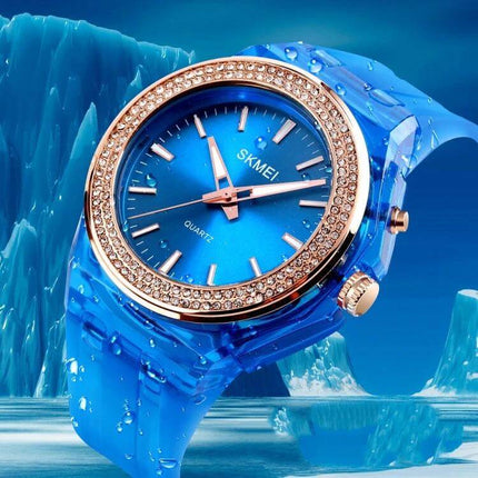 SKMEI Women's Transparent Waterproof LED Watch with Decorative Inlay - blue transparent quartz watch with crystal bezel and 30m water resistance