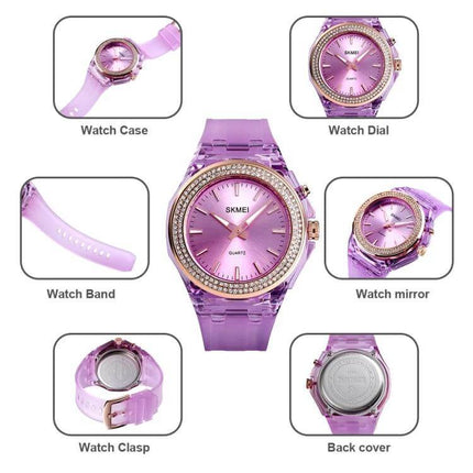 SKMEI Women's Transparent Waterproof LED Watch with Decorative Inlay showing purple watch dial, band, case, clasp and back cover