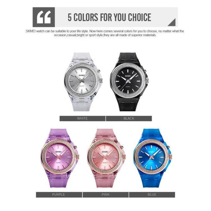 SKMEI Women's Transparent Waterproof LED Watch with Decorative Inlay showing five color options (white, black, purple, pink, blue) with decorative inlay