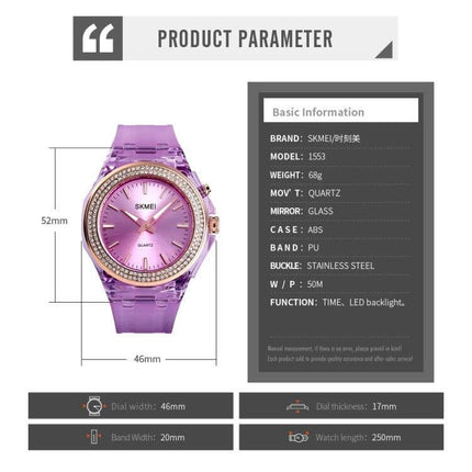 SKMEI Women's Transparent Waterproof LED Watch with Decorative Inlay purple transparent quartz 30m water resistant elegant decorative inlay