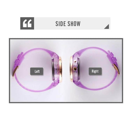 SKMEI Women's Transparent Waterproof LED Watch with Decorative Inlay showing left and right side views of a purple transparent band and gold-tone case