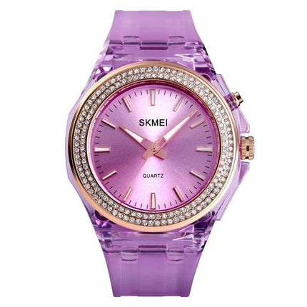 SKMEI Women's Transparent Waterproof LED Watch with Decorative Inlay - purple transparent band, quartz LED face with crystal inlay, 30m waterproof