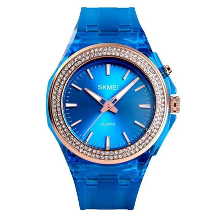 SKMEI Women's Transparent Waterproof LED Watch with Decorative Inlay – blue transparent band, crystal inlay bezel, quartz LED timekeeping