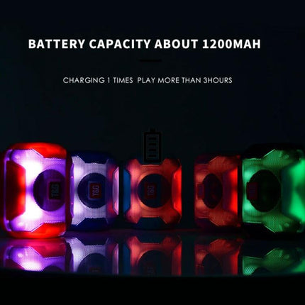 Portable Bluetooth Speaker With FM Radio For Home And Travel showing multicolor LED speakers lineup with 1200mAh battery info