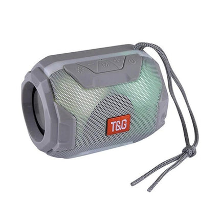 Portable Bluetooth Speaker With FM Radio For Home And Travel - compact gray T&G speaker with strap and FM/Bluetooth controls