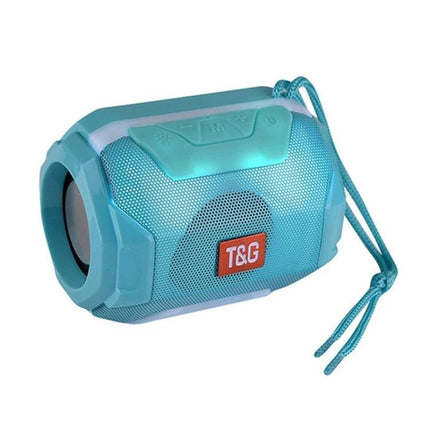 Portable Bluetooth Speaker With FM Radio For Home And Travel compact teal wireless speaker with strap, FM radio and playback controls