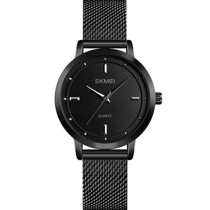 SKMEI Simple Fashion Watch for Women in Casual Everyday Style — sleek all-black round dial quartz watch with mesh strap, 30m splash resistant