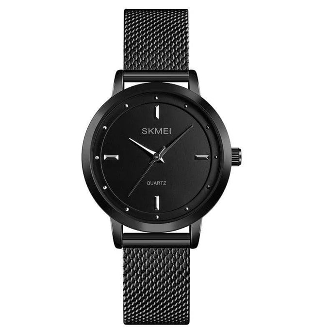 SKMEI Simple Fashion Watch for Women in Casual Everyday Style — sleek all-black round dial quartz watch with mesh strap, 30m splash resistant