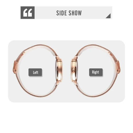 SKMEI Simple Fashion Watch for Women in Casual Everyday Style side view showing left and right rose gold mesh band watches