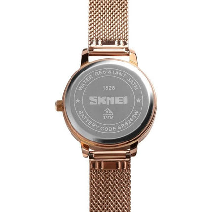 SKMEI Simple Fashion Watch for Women in Casual Everyday Style — rose gold mesh strap back view, 3ATM splash-resistant quartz timepiece