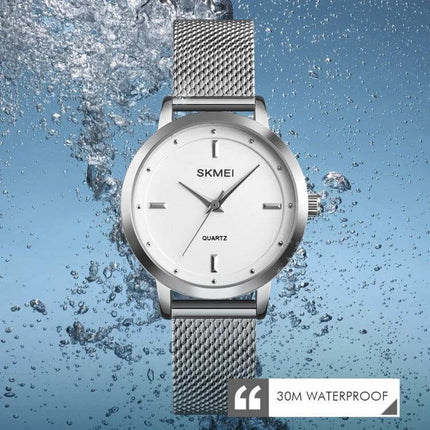SKMEI Simple Fashion Watch for Women in Casual Everyday Style — silver mesh band round dial quartz, 30M waterproof