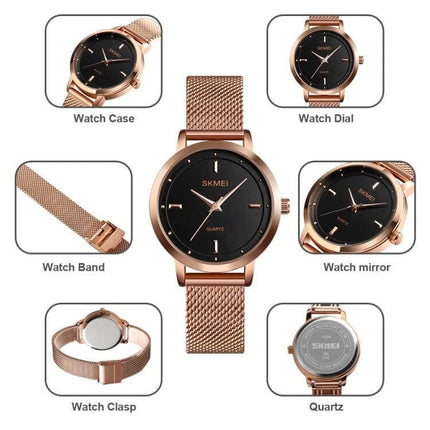 SKMEI Simple Fashion Watch for Women in Casual Everyday Style - rose gold mesh band, black round dial, quartz movement, 30m splash resistant