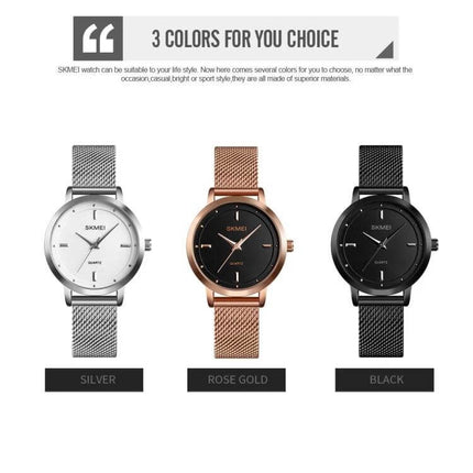 SKMEI Simple Fashion Watch for Women in Casual Everyday Style - three color options: silver, rose gold, black mesh band watches