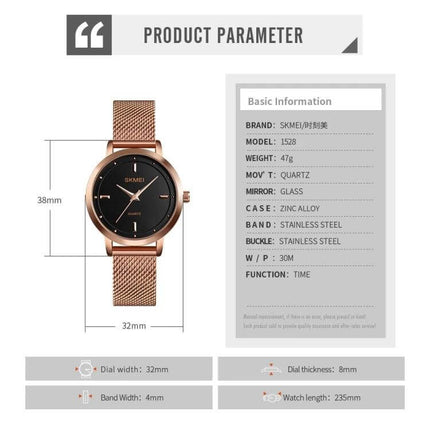 SKMEI Simple Fashion Watch for Women in Casual Everyday Style rose gold mesh band 32mm dial 38mm case quartz 30M water-resistant