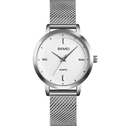 SKMEI Simple Fashion Watch for Women in Casual Everyday Style - silver round dial quartz watch with mesh band