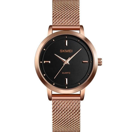 SKMEI Simple Fashion Watch for Women in Casual Everyday Style - rose gold mesh strap black dial quartz, 30m splash resistant