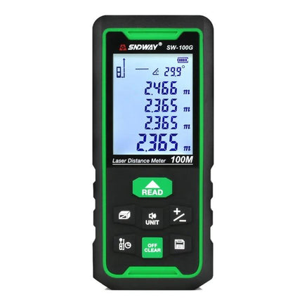 SNDWAY Handheld Green Laser Distance, Area, and Volume Measurer showing readings on a backlit display and control buttons