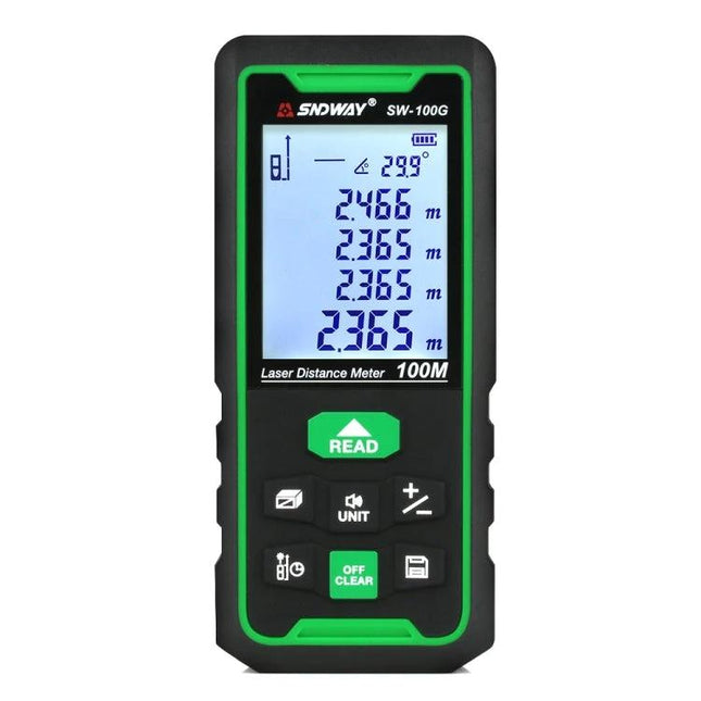 SNDWAY Handheld Green Laser Distance, Area, and Volume Measurer showing readings on a backlit display and control buttons