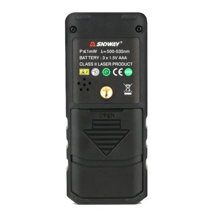SNDWAY Handheld Green Laser Distance, Area, and Volume Measurer back view showing battery compartment and laser info label