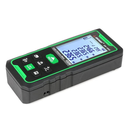 SNDWAY Handheld Green Laser Distance, Area, and Volume Measurer showing display and buttons for measuring distance, area, volume
