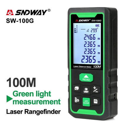 SNDWAY Handheld Green Laser Distance, Area, and Volume Measurer compact 100M green laser rangefinder with backlit display and read button
