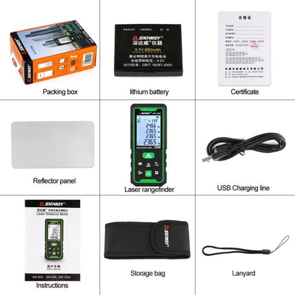 SNDWAY Handheld Green Laser Distance, Area, and Volume Measurer showing device, battery, box, reflector, USB cable, pouch and accessories