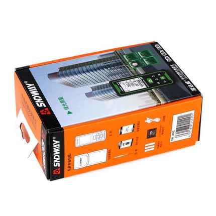SNDWAY Handheld Green Laser Distance, Area, and Volume Measurer boxed product shot showing packaging and device features