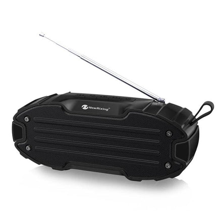 Rixing Compact Bluetooth Speaker For Commute And Home Use shown portable black speaker with FM antenna and aux/MicroSD options