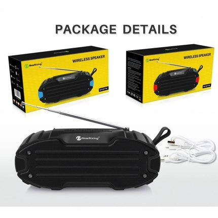 Rixing Compact Bluetooth Speaker For Commute And Home Use showing black portable speaker with packaging and cables