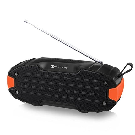 Rixing Compact Bluetooth Speaker For Commute And Home Use rugged black portable speaker with FM antenna and orange accents