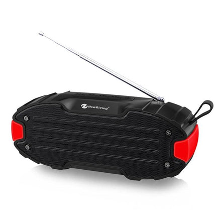 Rixing Compact Bluetooth Speaker For Commute And Home Use rugged portable speaker with FM antenna and red accents