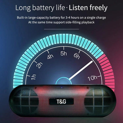 T G Portable Bluetooth Speaker For Travel And Home Use showing long battery life gauge and compact 360° stereo speaker