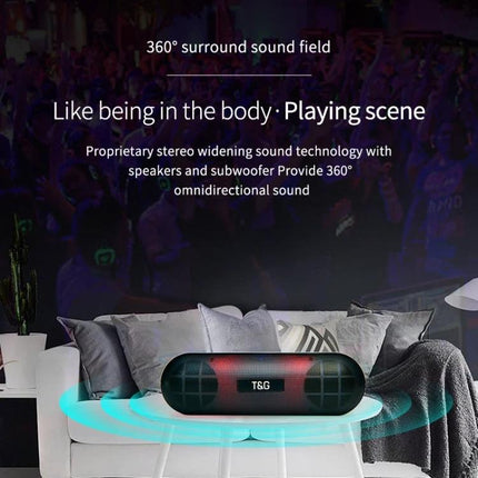 T G Portable Bluetooth Speaker For Travel And Home Use showing 360° stereo sound on a sofa with glowing sound waves
