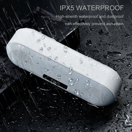 T G Portable Bluetooth Speaker For Travel And Home Use shown IPX5 waterproof white speaker with water droplets and 360° stereo