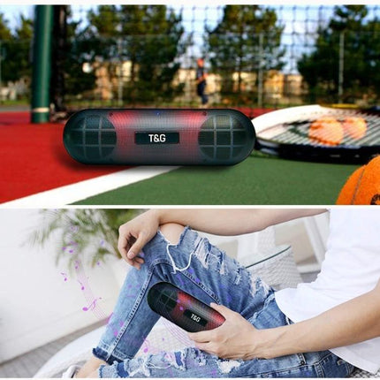 T G Portable Bluetooth Speaker For Travel And Home Use shown on tennis court and in hand with 360° stereo and FM playback