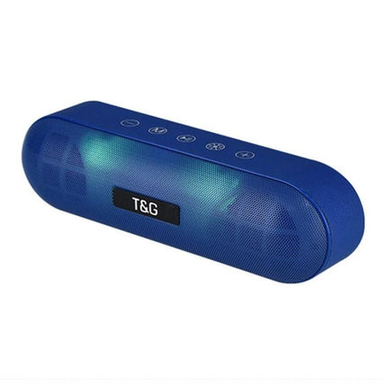 T G Portable Bluetooth Speaker For Travel And Home Use compact blue 360-degree stereo, hands-free calls, FM radio, travel-ready