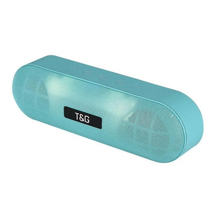T G Portable Bluetooth Speaker For Travel And Home Use compact teal speaker with 360-degree sound and hands-free calls
